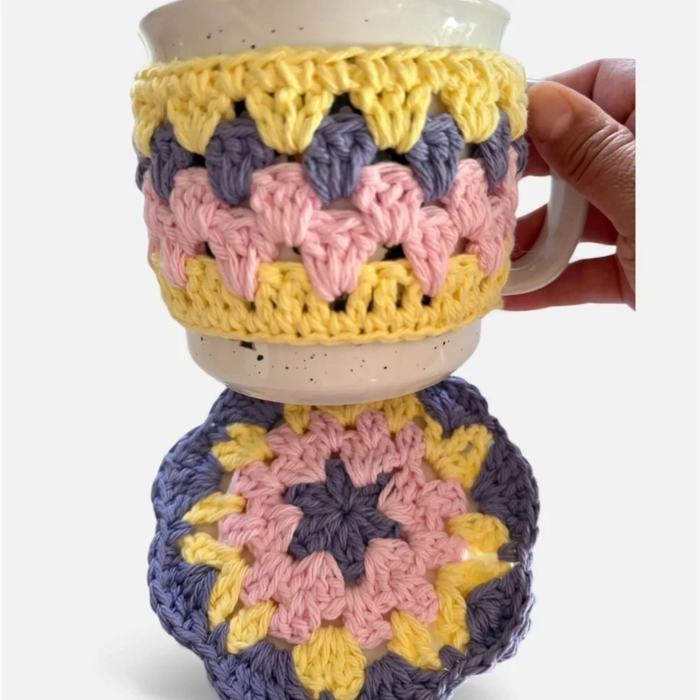 Handmade Pastel Granny Square Mug Cozy & Coaster Set